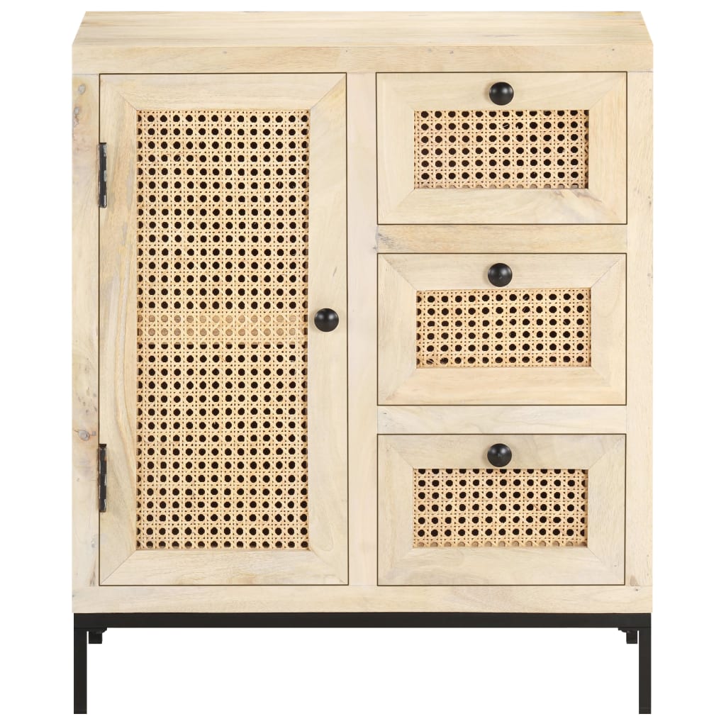 Dressoir 60X35X70 Cm Massief Mangohout En Natuurlijk Riet